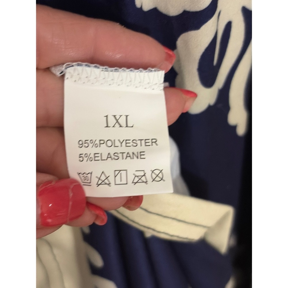 Navy Blue Cream Damask Print V-Neck Empire Waist Maxi‎ Dress Plus Size 1XL - Picture 4 of 5